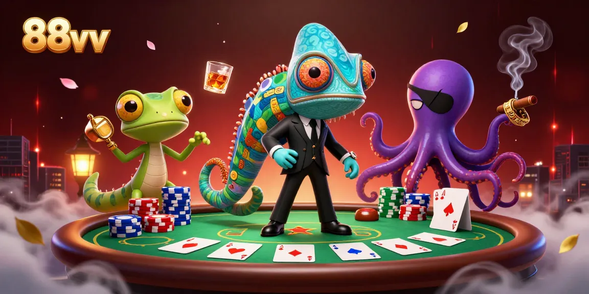 Experience thrilling poker action with the dynamic 88vv characters in this vibrant casino scene.