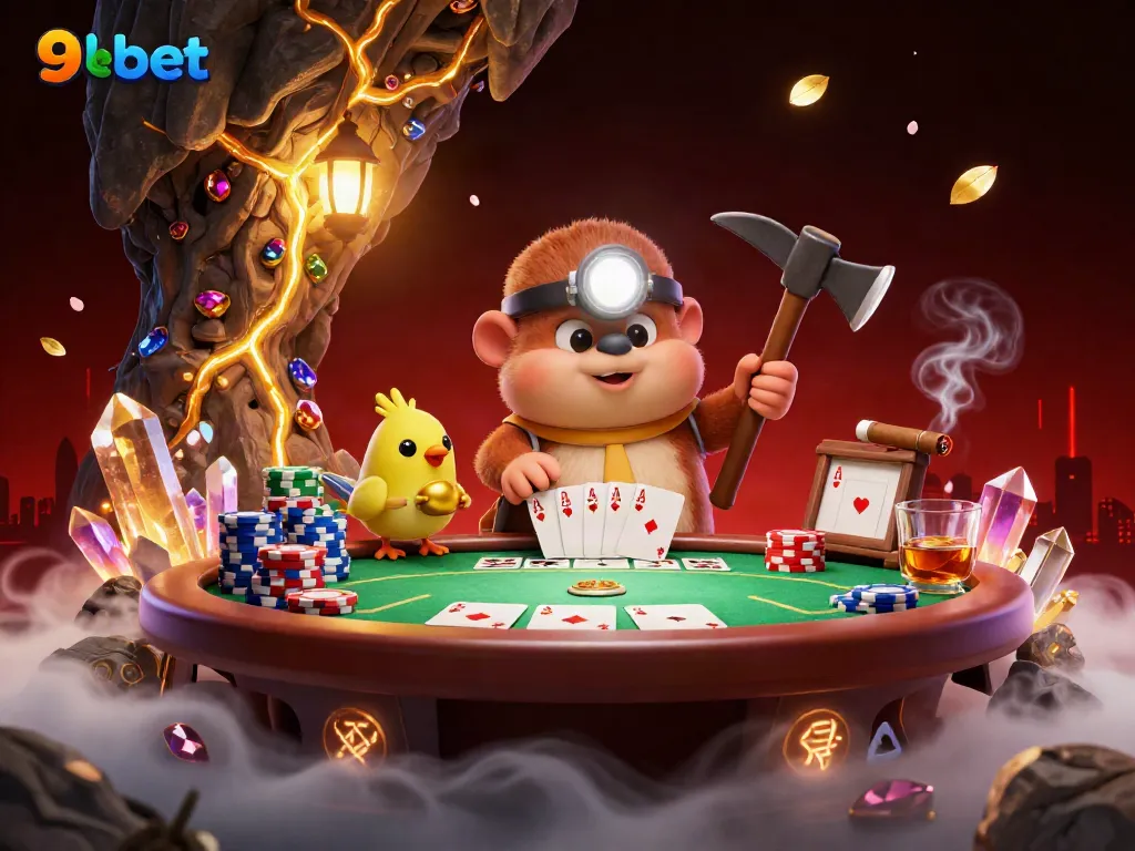 Experience thrilling poker action with 9bet's vibrant 3D casino scene, packed with dynamic elements.
