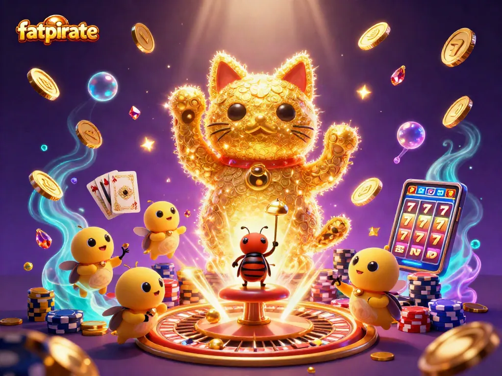 Experience the magical gameplay at fatpirate with a giant lucky cat amidst stunning casino symbols.