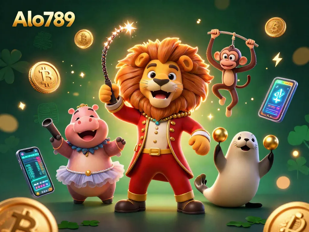 Alo789 captures the thrill of gaming with circus characters in a vibrant casino scene.
