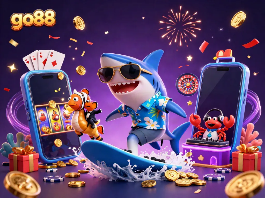 Join the go88 adventure with a shark surfer and friends amidst vibrant casino elements
