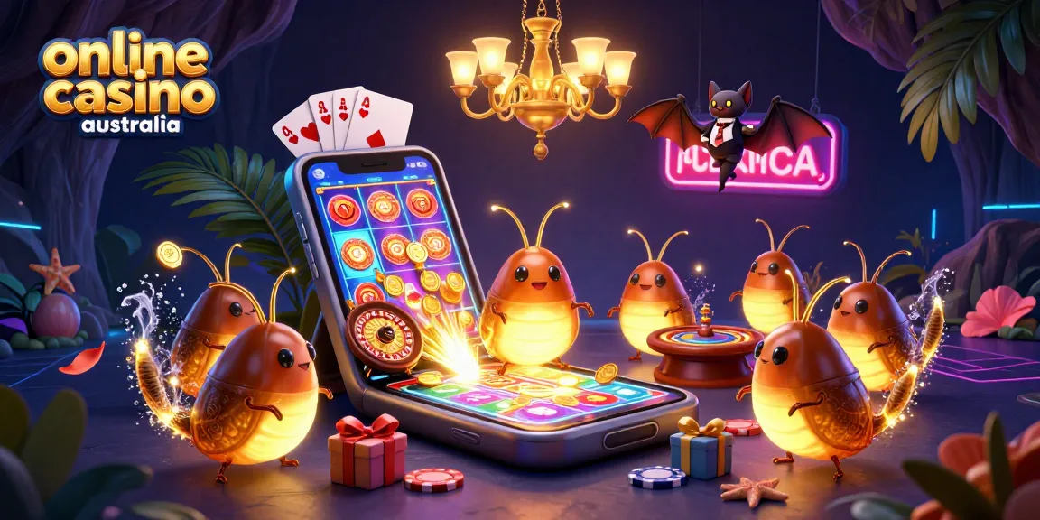 Experience the thrill of online casino Australia in a vibrant cave scene with glowworms and a bat dealer.