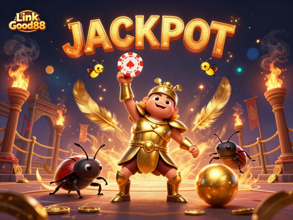 Experience excitement with Link Good88 as the victorious beetle lifts a poker chip in a festive casino scene.