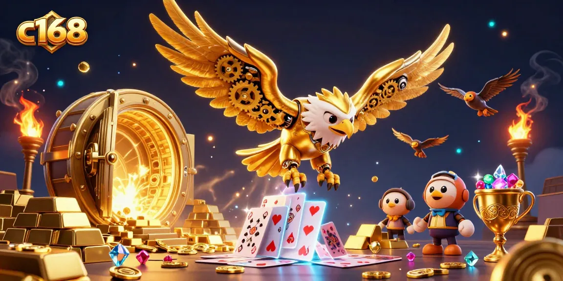 Experience thrilling wins at c168 with a dynamic scene featuring a golden eagle amidst extravagant riches.