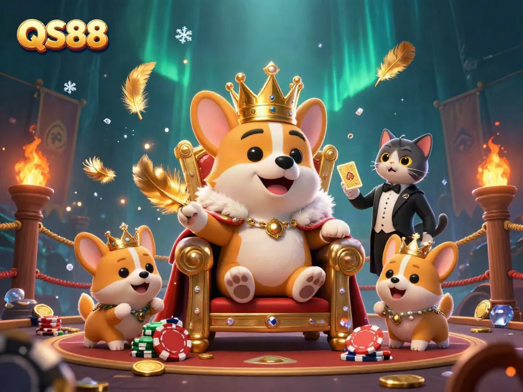 Experience exciting gaming at QS88 featuring a royal corgi on a throne of poker chips amidst dynamic casino elements.