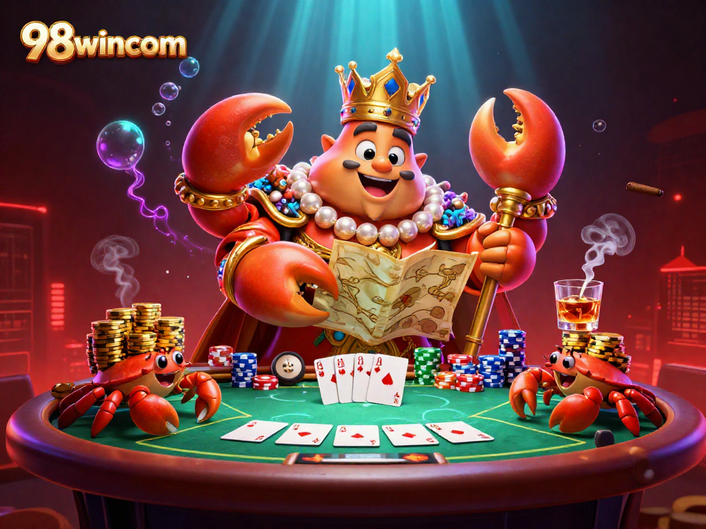 Experience the thrilling world of gambling with 98wincom's vivid 3D crab emperor illustration.