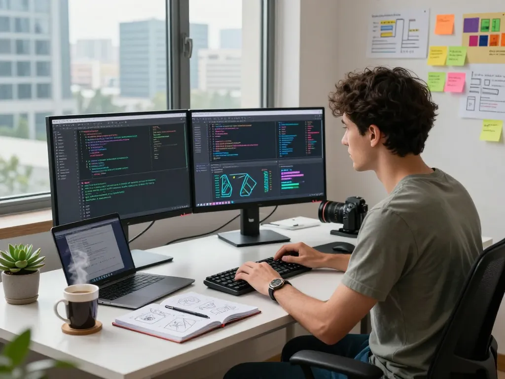 Juicy AI development scene showcasing an engineer coding in a modern workspace.