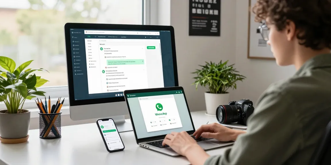 Engaged user interacting with WhatsApp網頁版 on a modern workspace, showcasing productivity tools and a bright environment.