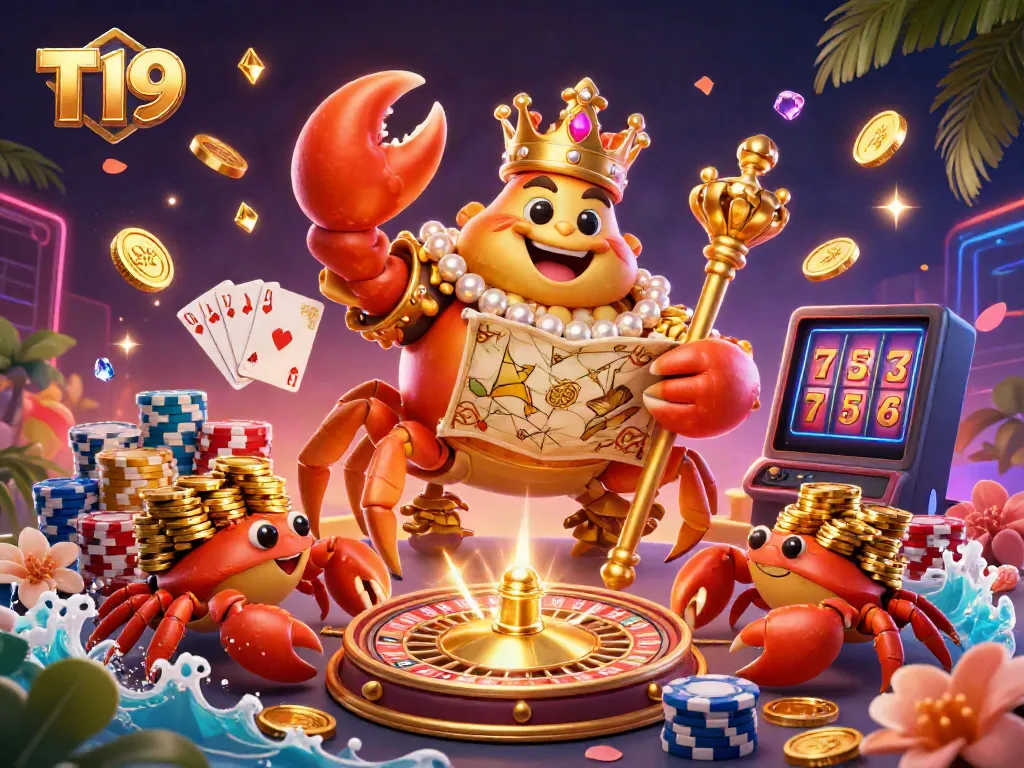 T19 offers vibrant casino excitement with a golden crab emperor, colorful poker chips, and dynamic game elements.