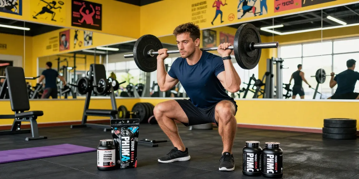 Man showcasing Prime Pharma Steroiden products while working out in a vibrant gym.