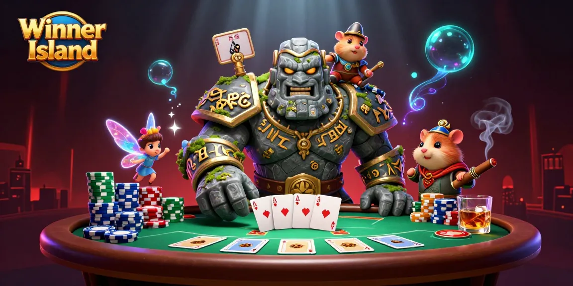 Engage in thrilling gameplay at Winner Island with a stone golem, fairy, and hamster knight surrounded by poker elements.