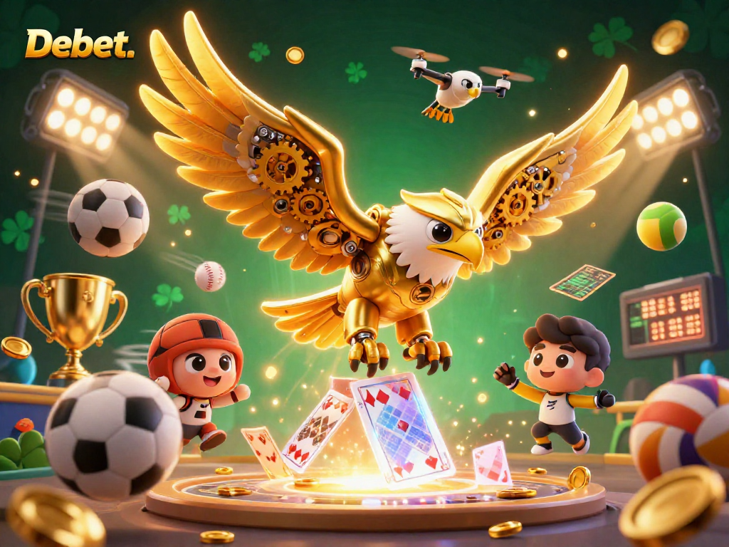 Experience thrilling action with Debet.'s dynamic betting scene featuring a golden eagle amidst vibrant sports elements.