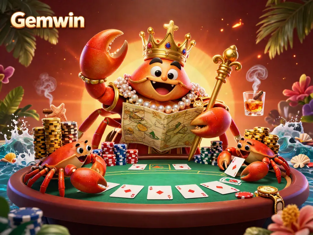 Engage with Gemwin as the golden crab emperor rules the casino table with poker chips and treasure of fun.