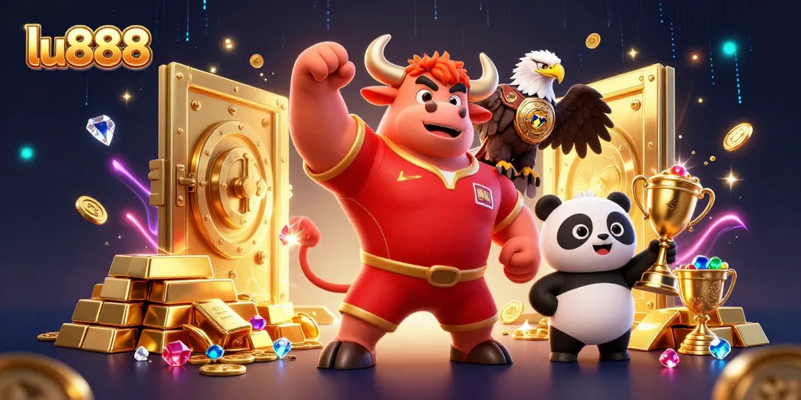 lu888 celebrates wins with a cartoon bull, eagle, and panda amidst rich casino treasures