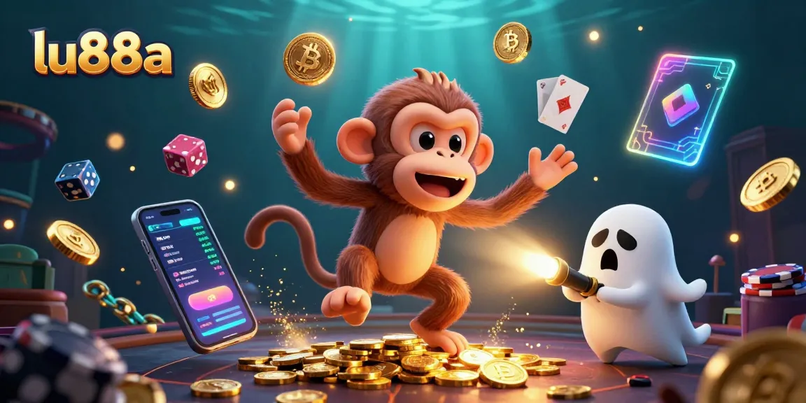 Experience the excitement of lu88a with a playful ghost monkey juggling casino treasures and cryptocurrency in a haunted environment.