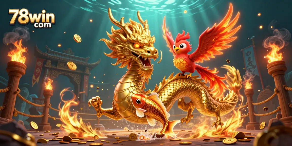 Engage with the vibrant world of 78win com, featuring a golden dragon, phoenix, and koi fish in a dynamic casino setting.