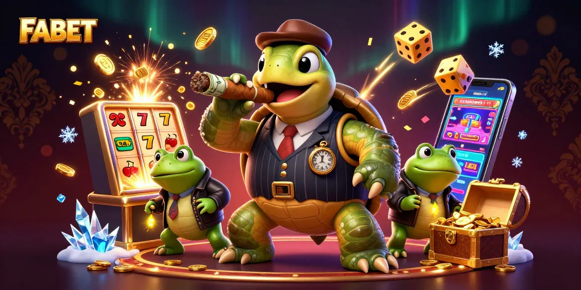 FABET offers thrilling slot machine action with an energetic turtle mobster and dynamic casino lights.