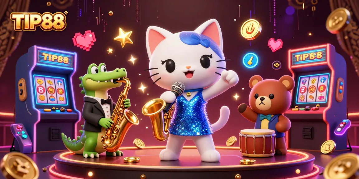 Engage with TIP88's vibrant casino experience featuring a jazzy scene of a singing cat, croc, and bear cub.
