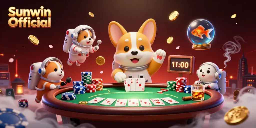 Experience fun with Sunwin Official as a corgi astronaut plays in a vibrant space casino.