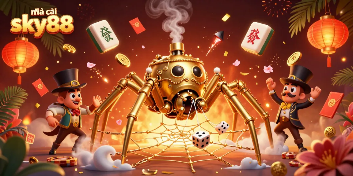 Engage with the thrilling world of nhà cái sky88, showcasing a lively casino scene with a golden steampunk spider.