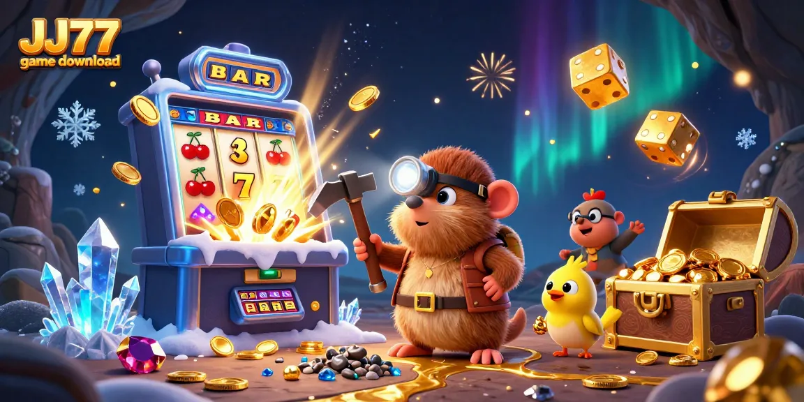 Experience the thrill of JJ77 game download with vibrant slot machines and golden treasures.
