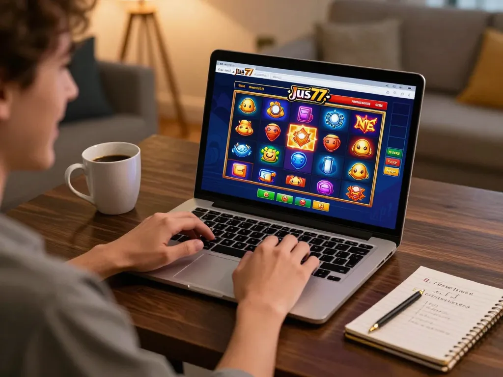 Player enjoying an online slot game on jus77 platform at home, showcasing engaging gameplay.