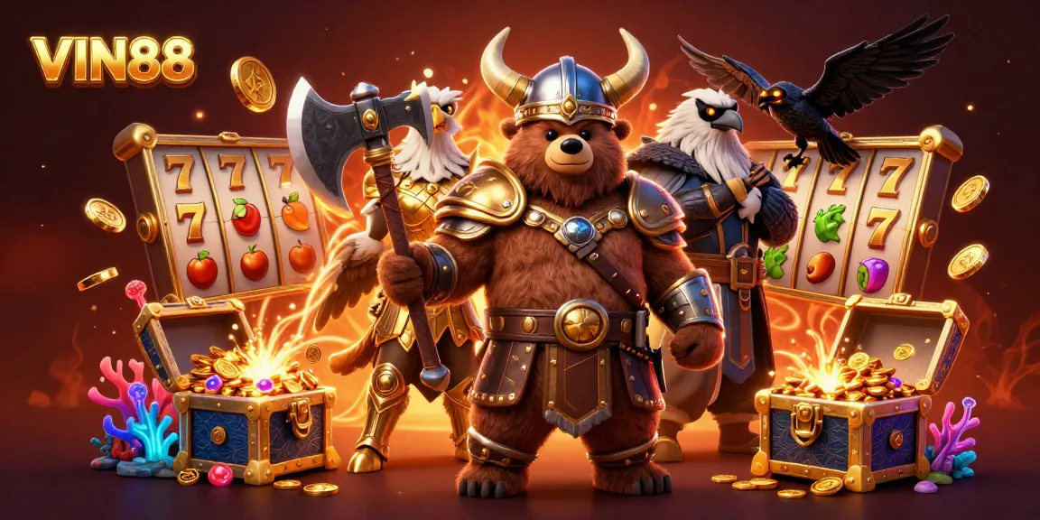 Win big at VIN88 with a vibrant 3D casino scene featuring Viking characters and slots.
