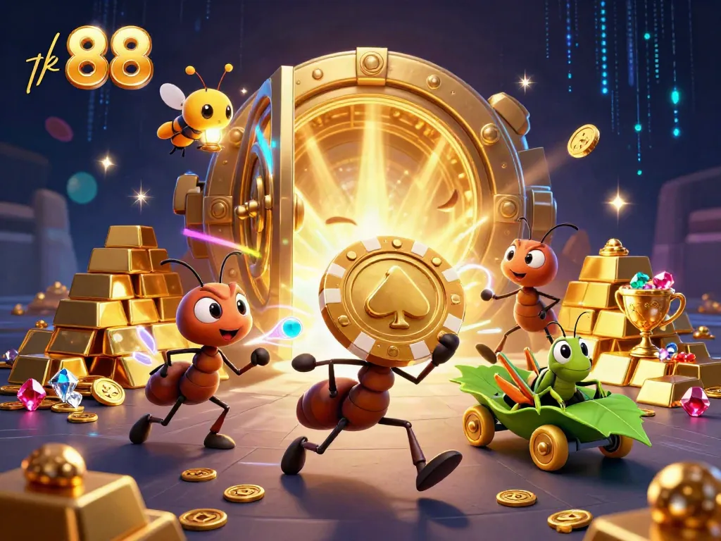 3D cartoon ants executing a heist for a giant poker chip in a vibrant casino scene featuring tk 88.