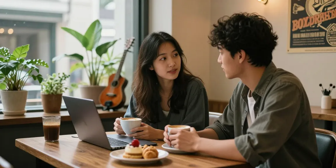 Cozy cafe scene highlighting f168 dating with a couple enjoying deep conversation, coffee, and a laptop.