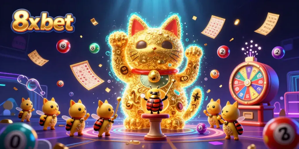 Engage with the vibrant 8x bet experience featuring colorful lottery elements and a digitally animated lucky cat.