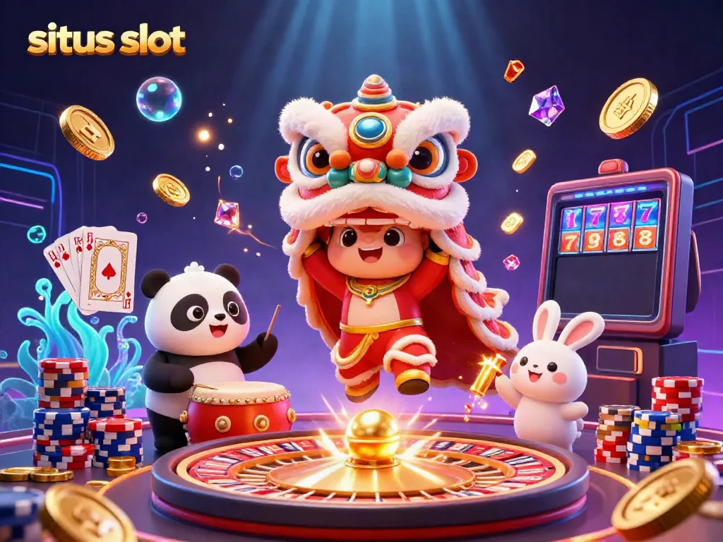 Engage in the exciting world of situs slot with vibrant characters celebrating in a lively casino.