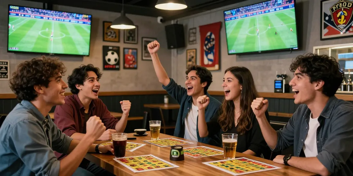 Suasana seru judi bola di bar olahraga modern dengan teman-teman menonton pertandingan langsung.