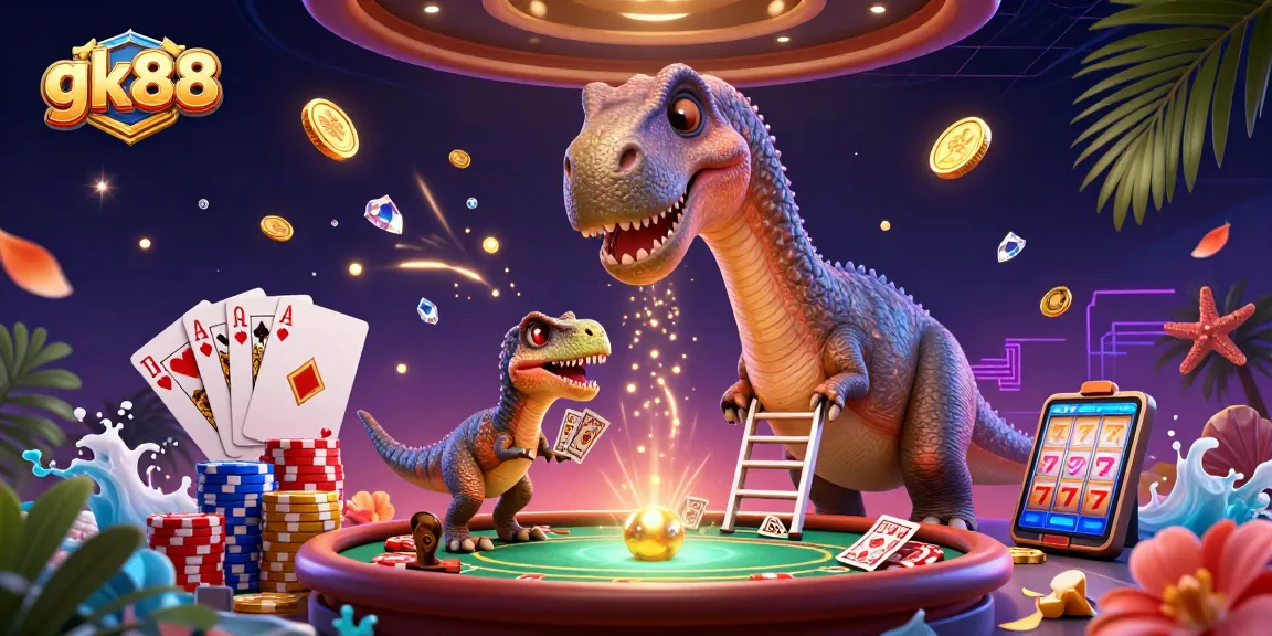 Experience gk88 thrills as the cartoon brontosaurus peers into vibrant casino action with coins and cards.