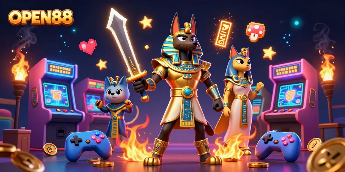 Experience thrilling gaming action with OPEN88 featuring Anubis and Bastet in a vivid casino showdown.