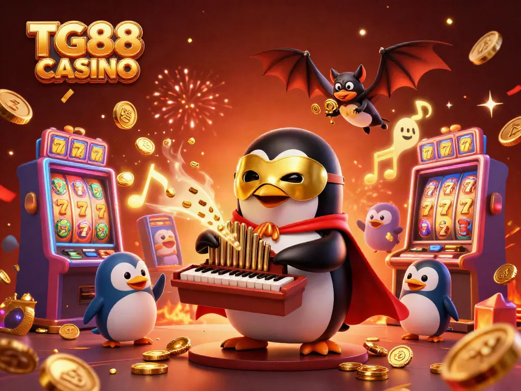 Experience the excitement of TG88 CASINO with a vibrant 3D illustration showcasing interactive slot machines and animated characters.