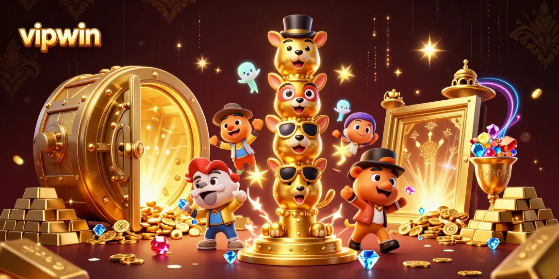 Experience thrilling gaming moments with vipwin in this vibrant 3D gold and gem-filled casino scene.