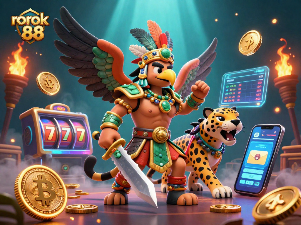Engage with rokok 88 in this vibrant casino scene featuring warriors and glowing cryptocurrencies.
