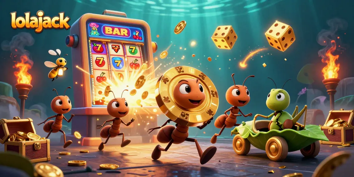 Experience the thrill of lolajack casino with ants heisting a giant poker chip among vibrant gaming elements.