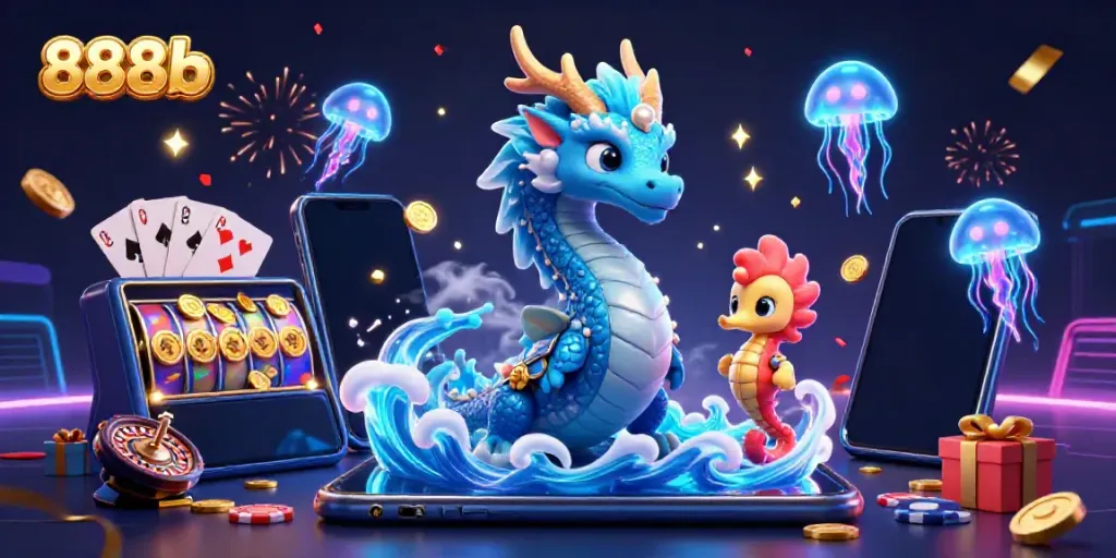 Engage with exhilarating 888b gaming, featuring 3D water dragon, seahorse knight, and vibrant slot game elements.