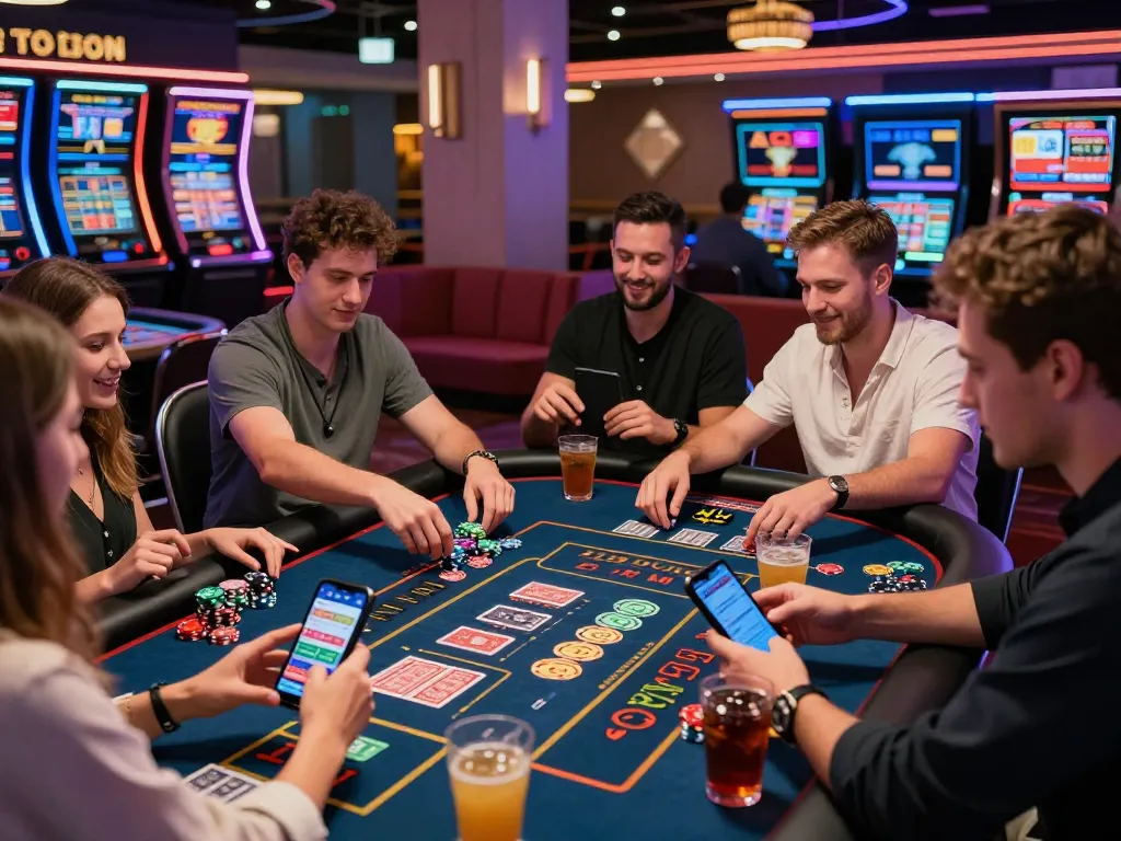 Friends enjoying a lively online casino experience at MM88 with vibrant decor and live dealer interaction.