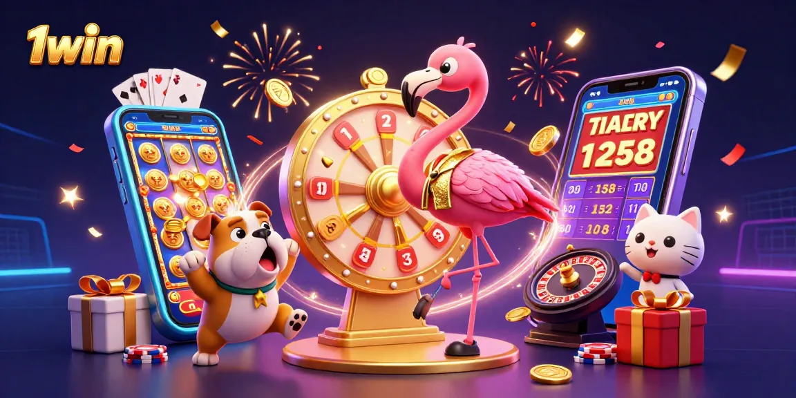 Experience thrilling gaming excitement with 1win's vibrant casino scene featuring a prize wheel and animated characters.