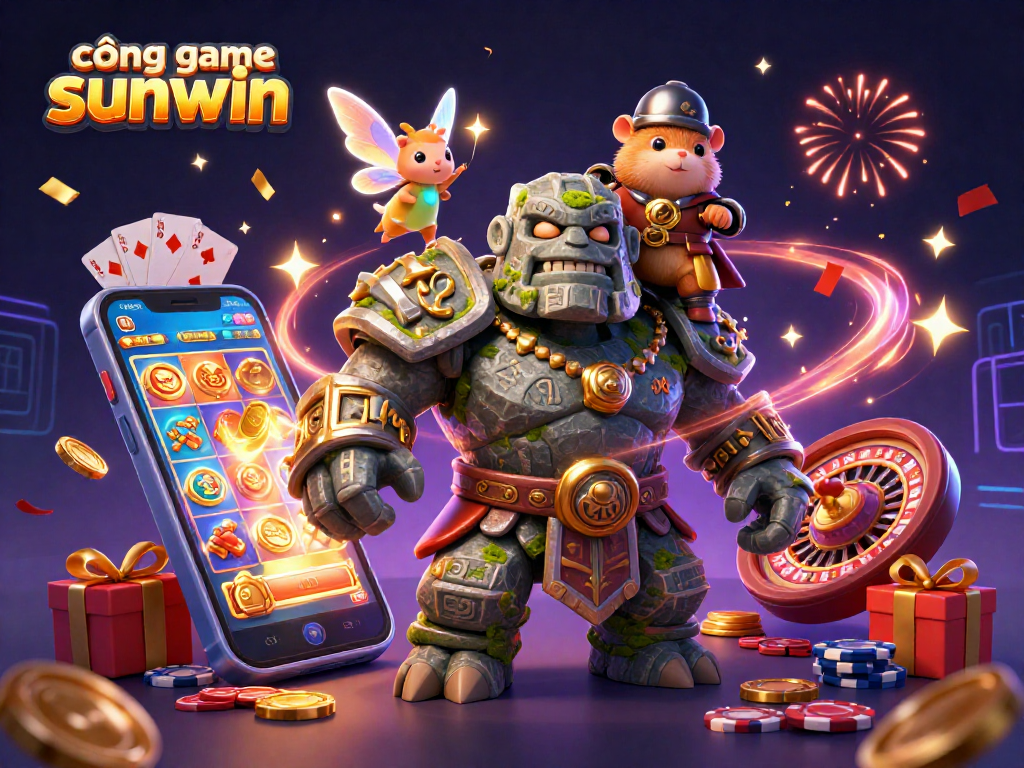Play exciting games at cổng game sunwin, featuring a vibrant 3D fantasy scene of magical characters and casino elements.