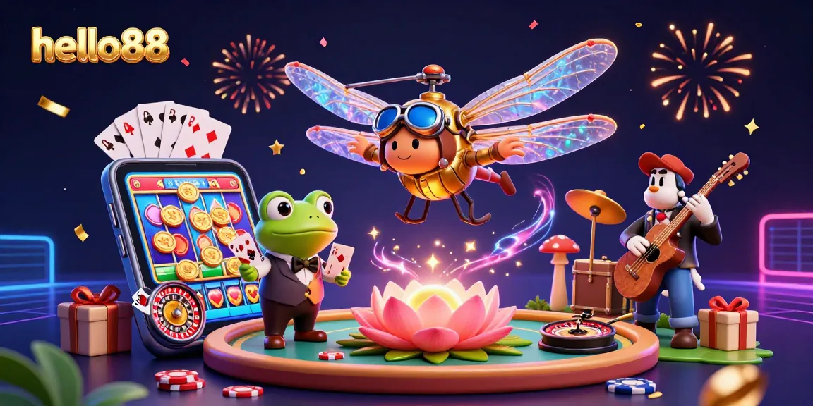 Play exciting games at hello88 featuring vibrant 3D characters and casino elements in a lively setting.