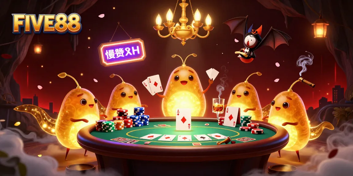FIVE88's vibrant casino scene with glowworms illuminating poker gameplay and a bat dealer