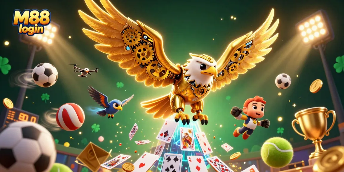 Experience M88 login in action with a cybernetic eagle diving through vibrant gambling elements.