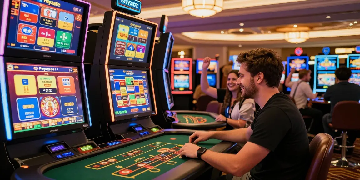 Dynamisches Spielerlebnis in einem Paysafe Card Casino mit begeisterten Spielern und mehreren Spielen zur Auswahl.
