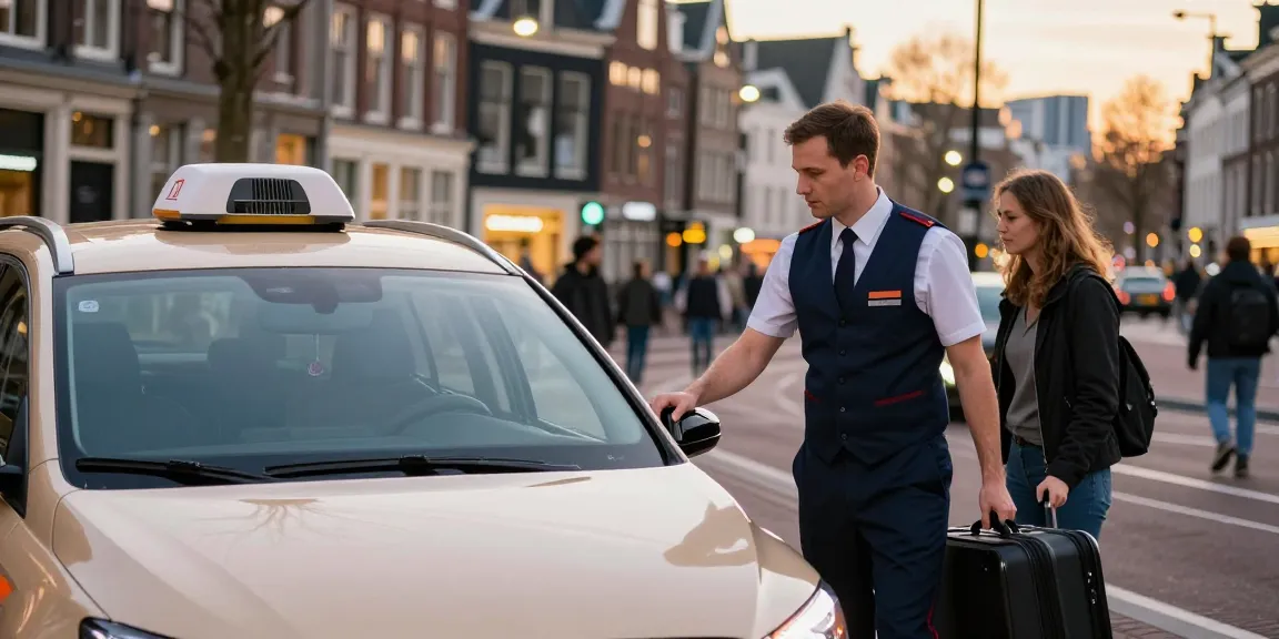 Taxi centrale Amsterdam chauffeur helpt passagier met bagage voor iconische Amsterdamse architectuur.