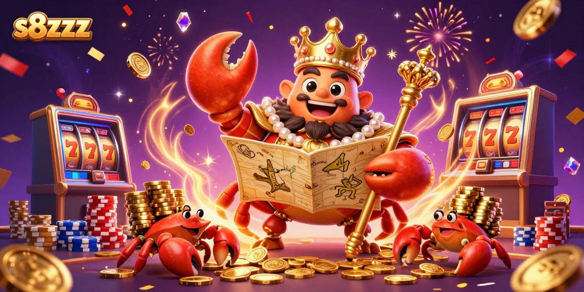 S8zzz enhances wins with a golden crab emperor in a vibrant casino scene filled with slot machines and treasures.