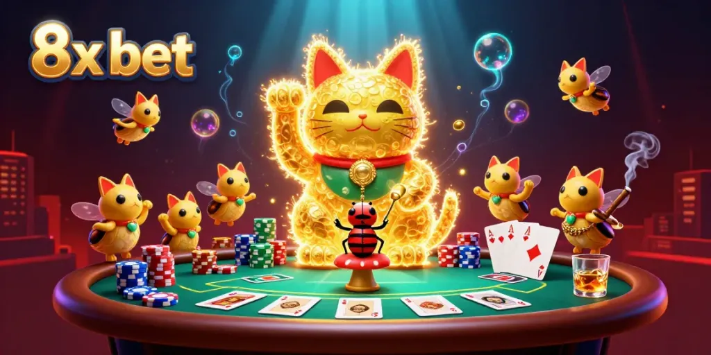 Experience thrilling 8x bet with vibrant visuals of poker chips and a lucky cat in a lively casino scene.