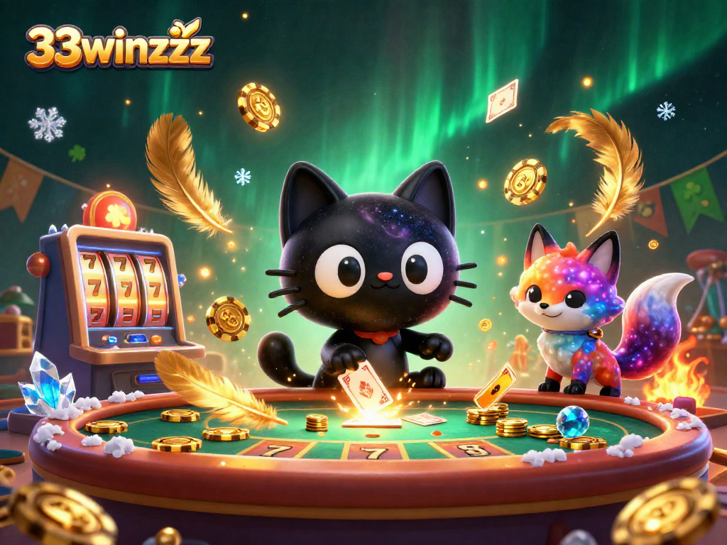 Experience the thrill of 33winzzzz as a galaxy-patterned cat attracts chips at a cosmic casino.